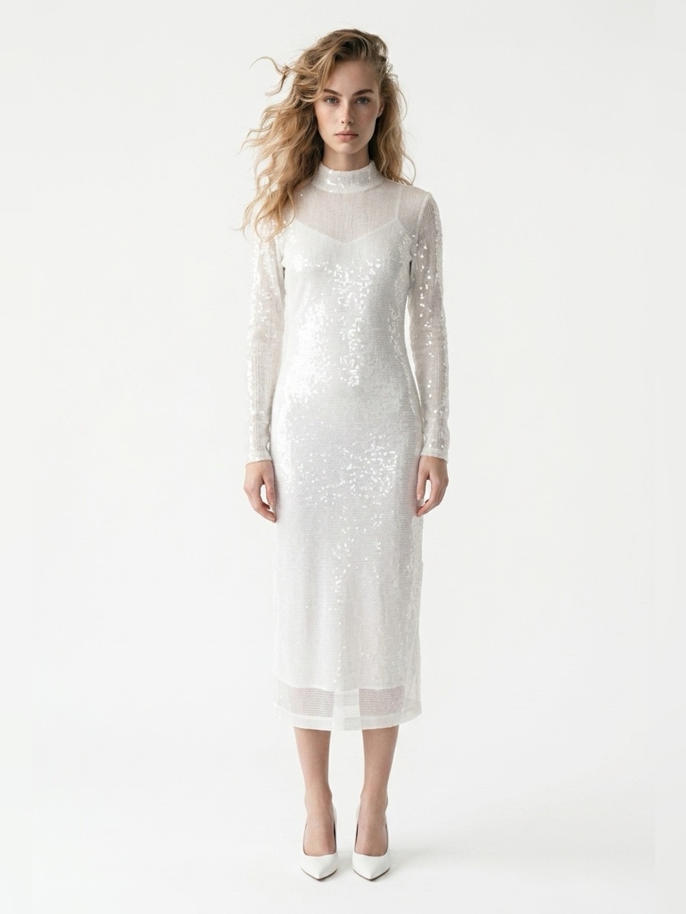 Sequin Ivory Long-Sleeve Midi Dress